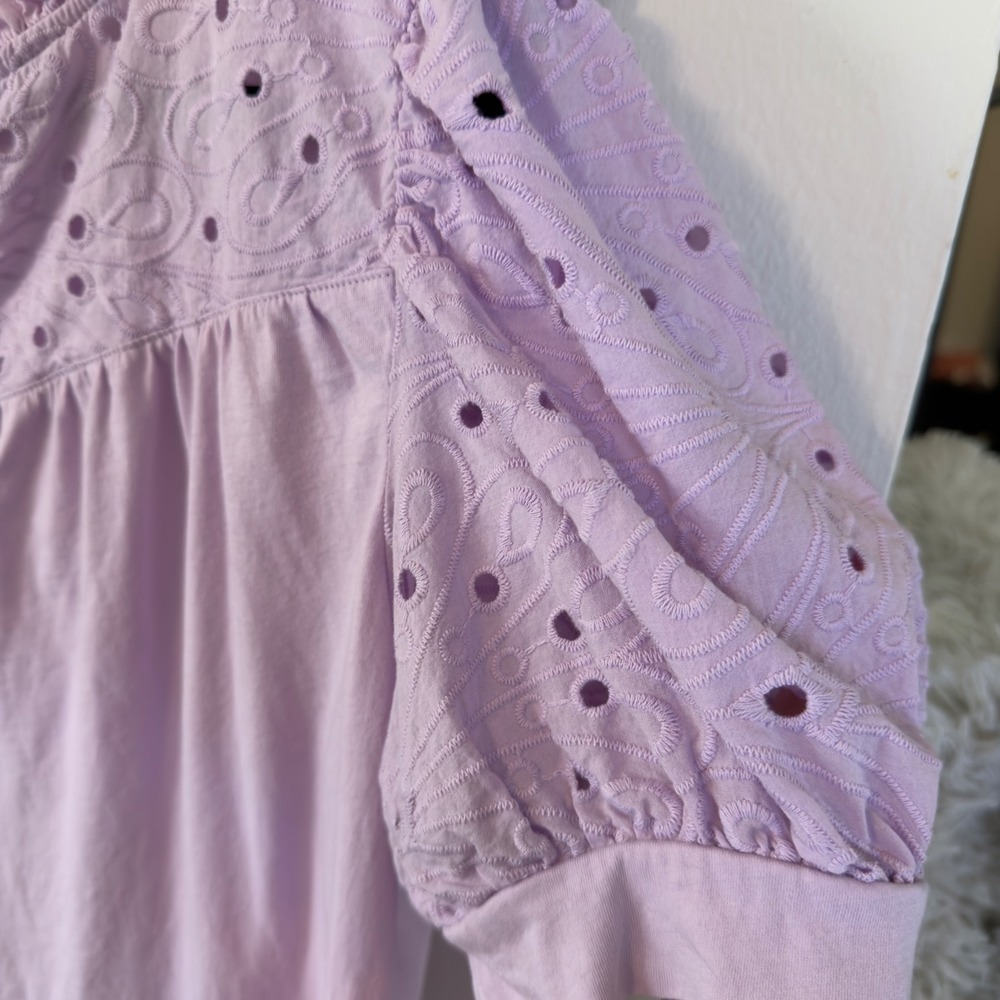 LOFT Eyelet Puff Sleeve Top 100% Cotton Large Purple Ruffle Tie Neck V-Neck - Picture 3 of 5